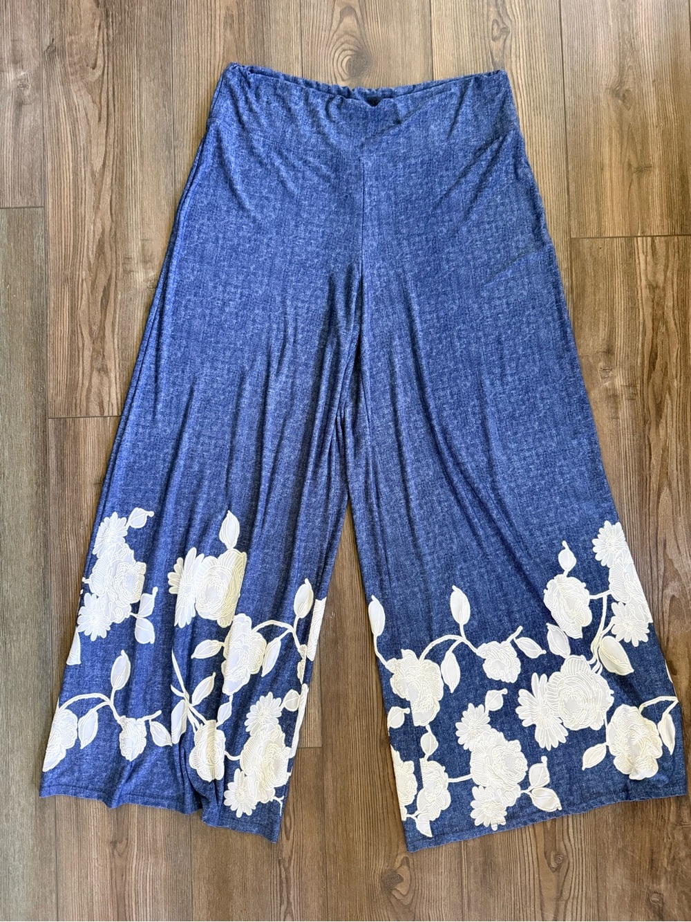 Wide Leg Floral Embroidered Palazzo Pants - Blue